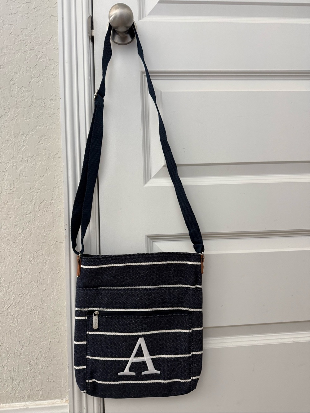 thirty-one Denim and White Striped Organizing Shoulder Bag with A Monogram